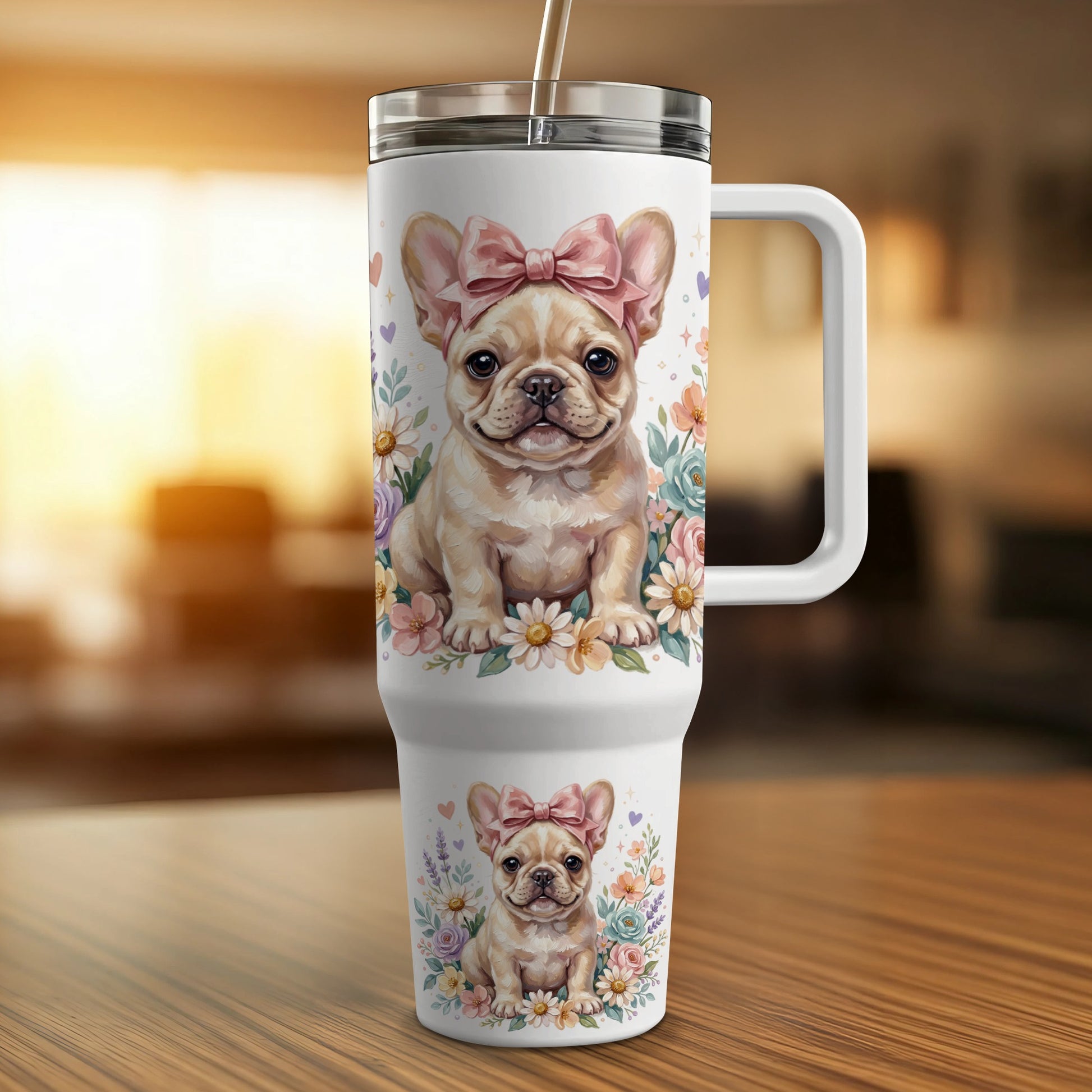 French bulldog with pink bow on a travel mug surrounded by flowers.