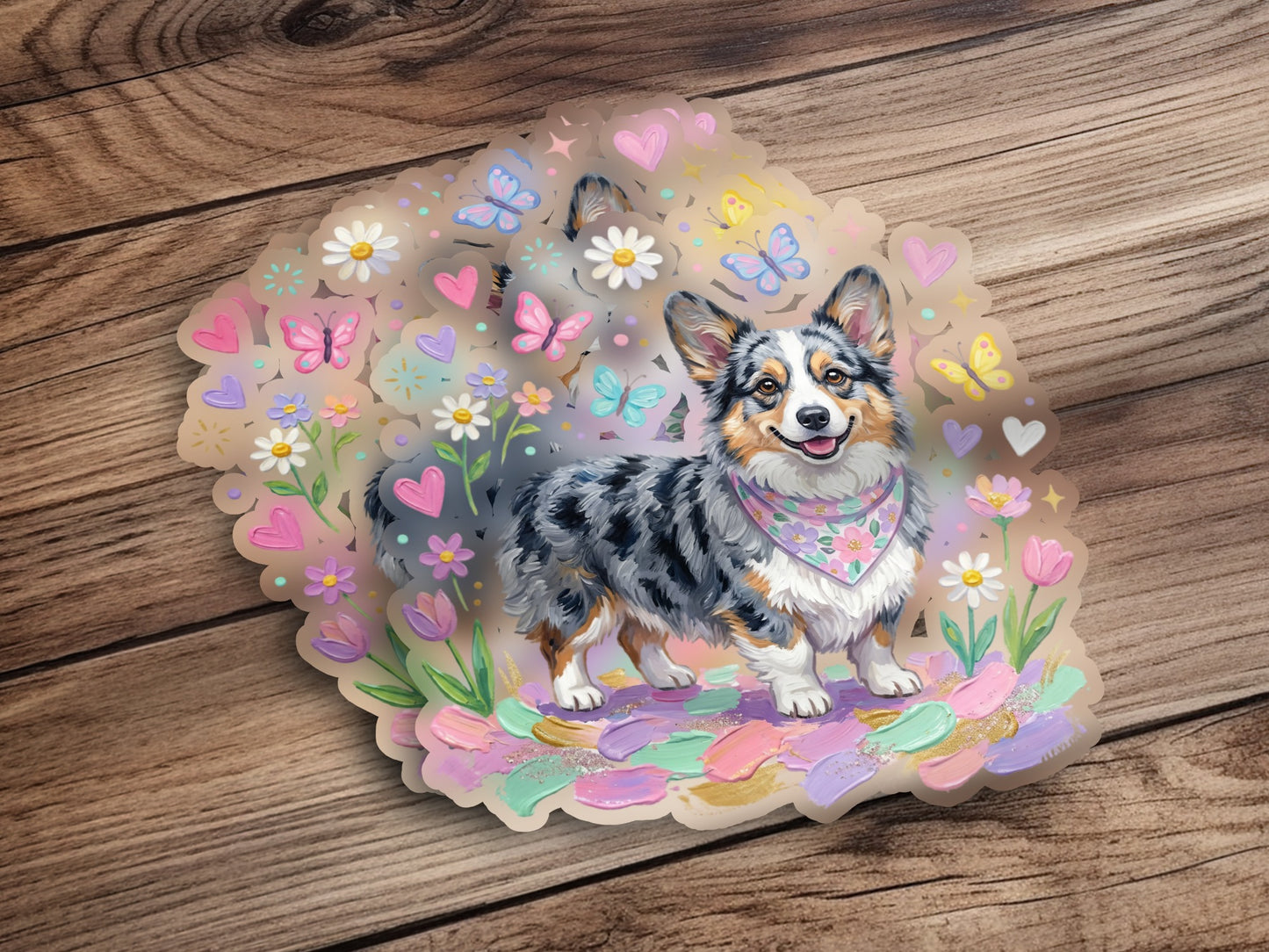 Blue merle corgi wearing a bandana, surrounded by flowers and butterflies.