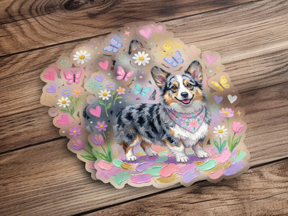 Blue merle corgi wearing a bandana, surrounded by flowers and butterflies.