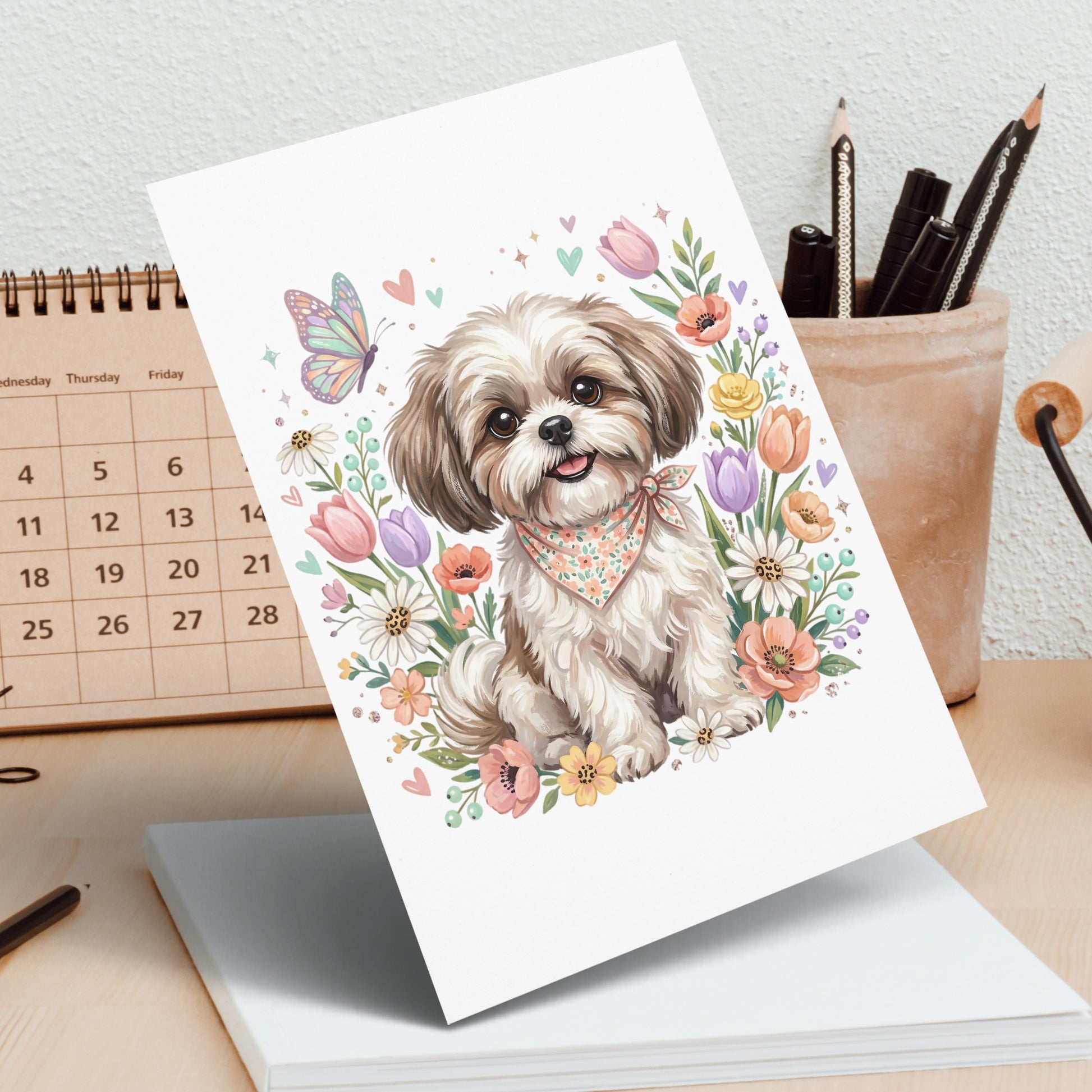 Illustration of a fluffy shih tzu puppy wearing a bandana, surrounded by flowers and a butterfly.