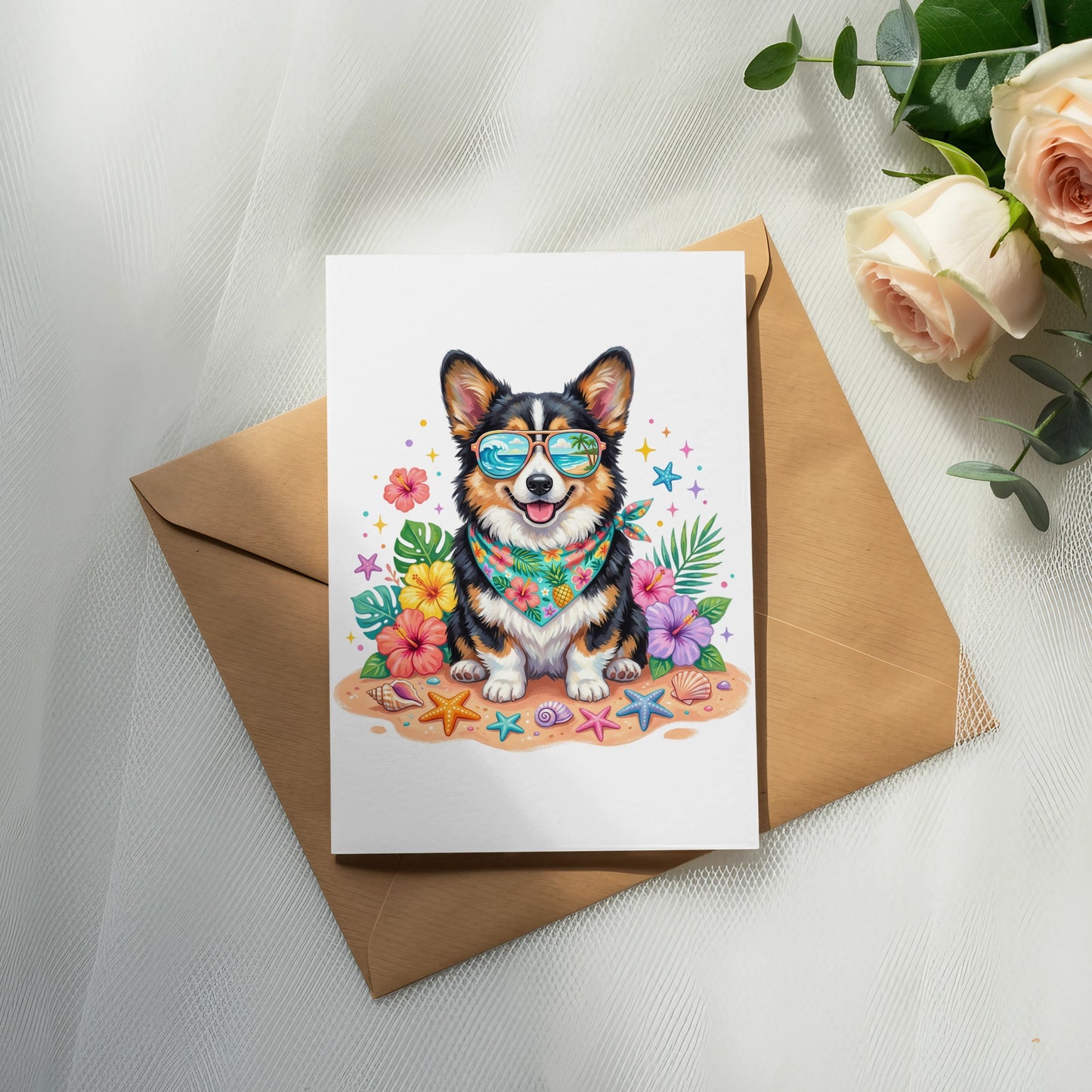 Corgi wearing sunglasses and bandana on a beach-themed card.