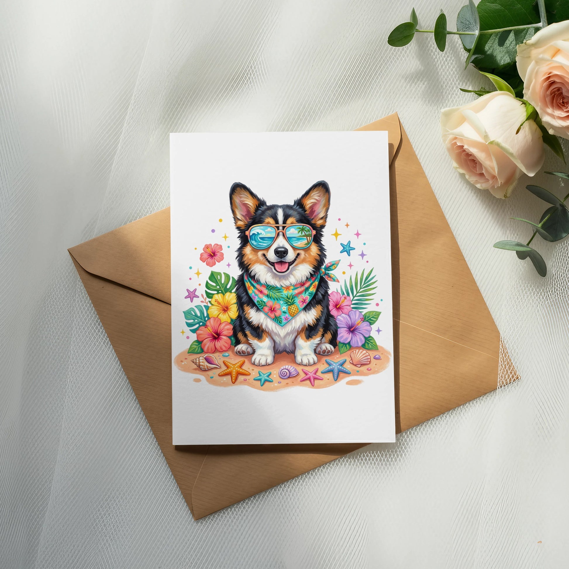 Corgi wearing sunglasses and bandana on a beach-themed card.