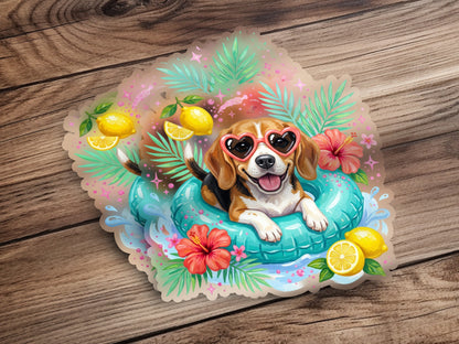 Beagle puppy in a pool float with sunglasses, lemons, and tropical flowers.