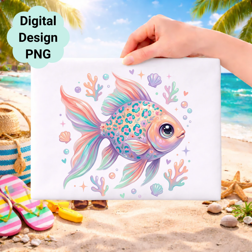 Pastel goldfish with leopard print on fins, surrounded by coral on a beach background.