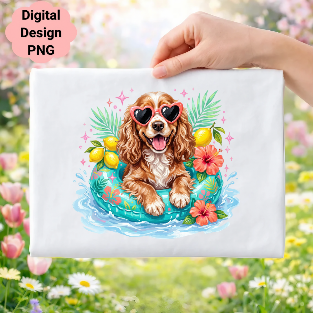 Cocker spaniel wearing heart sunglasses in a pool float with lemons and flowers.