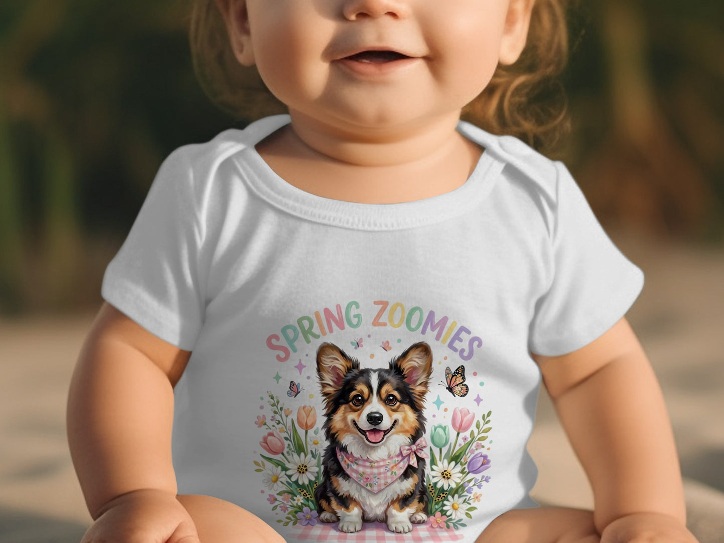 Baby wearing white bodysuit with "SPRING ZOOMIES" and corgi graphic.