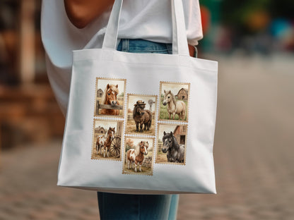 White tote bag with postage stamp designs of horses and farm scenes.