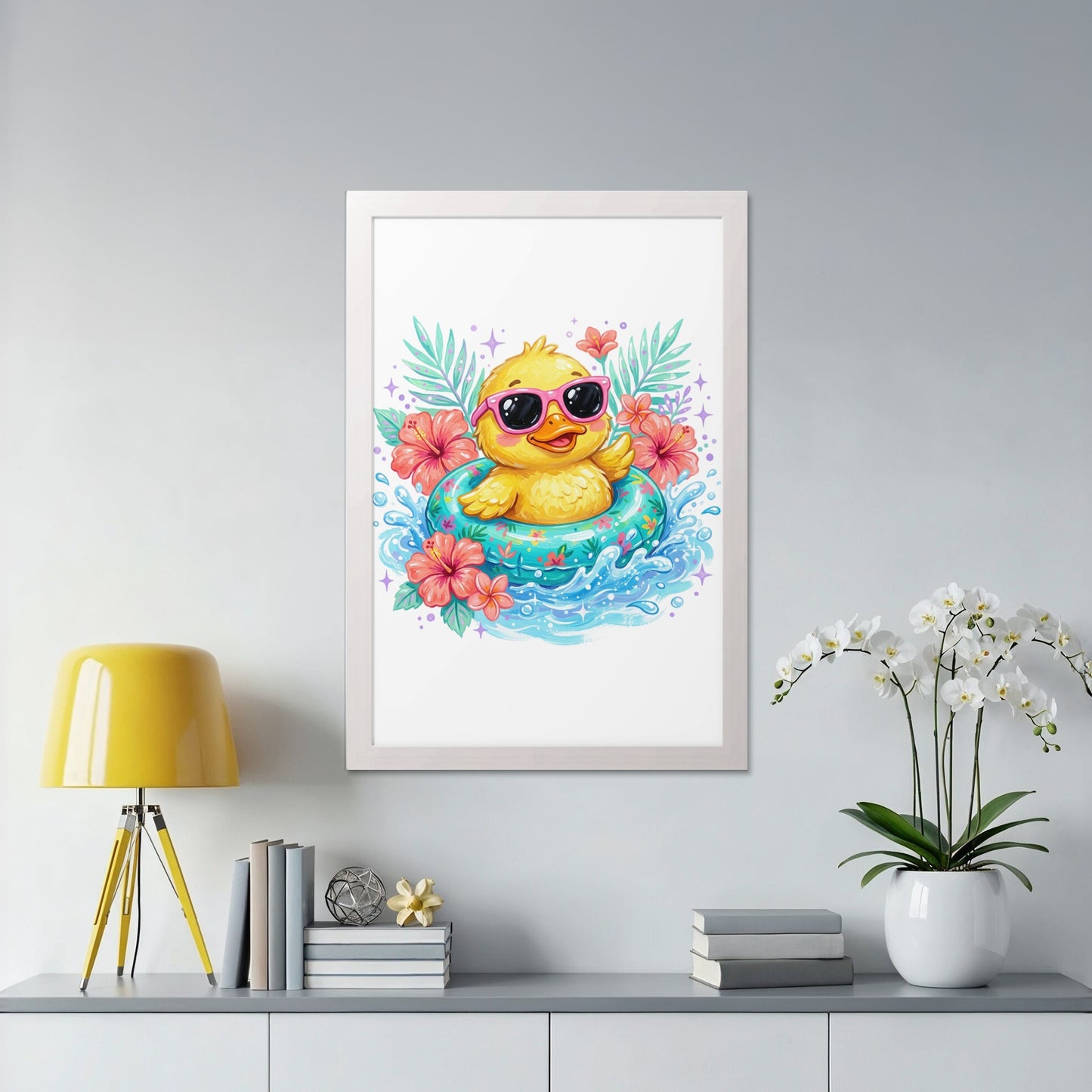 Cartoon duck with sunglasses floats in a blue inner tube surrounded by flowers.