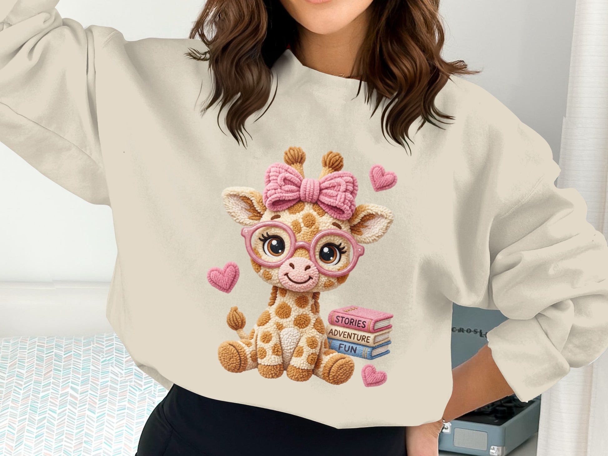 Giraffe wearing glasses and a pink bow, holding books, with hearts.
