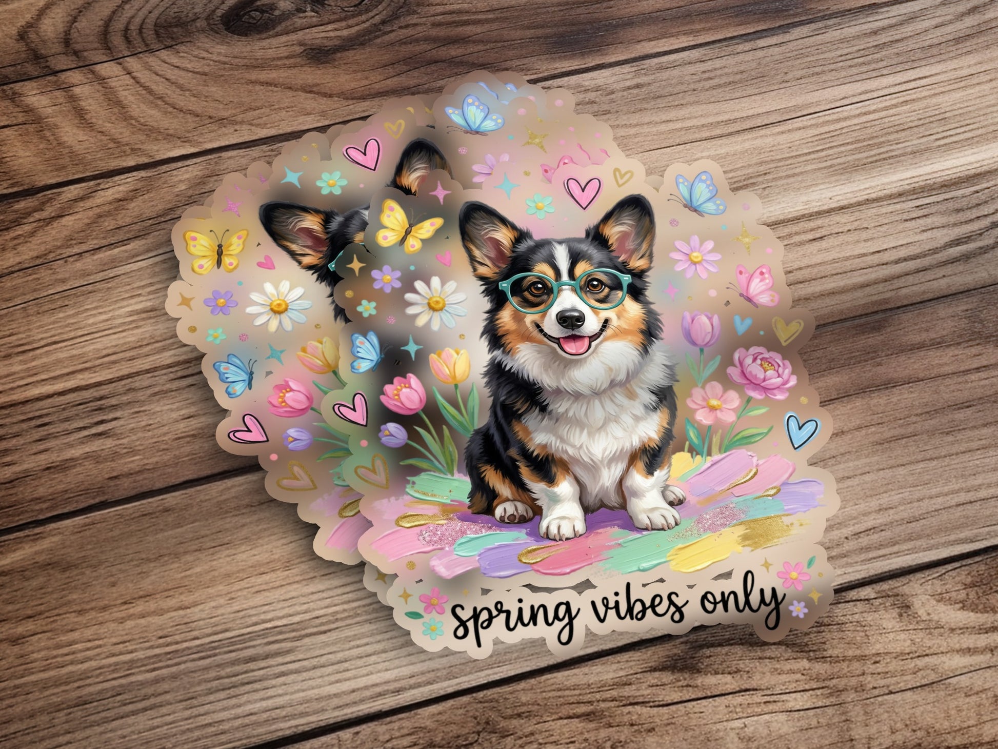 Corgi wearing glasses and butterflies with "spring vibes only" text.