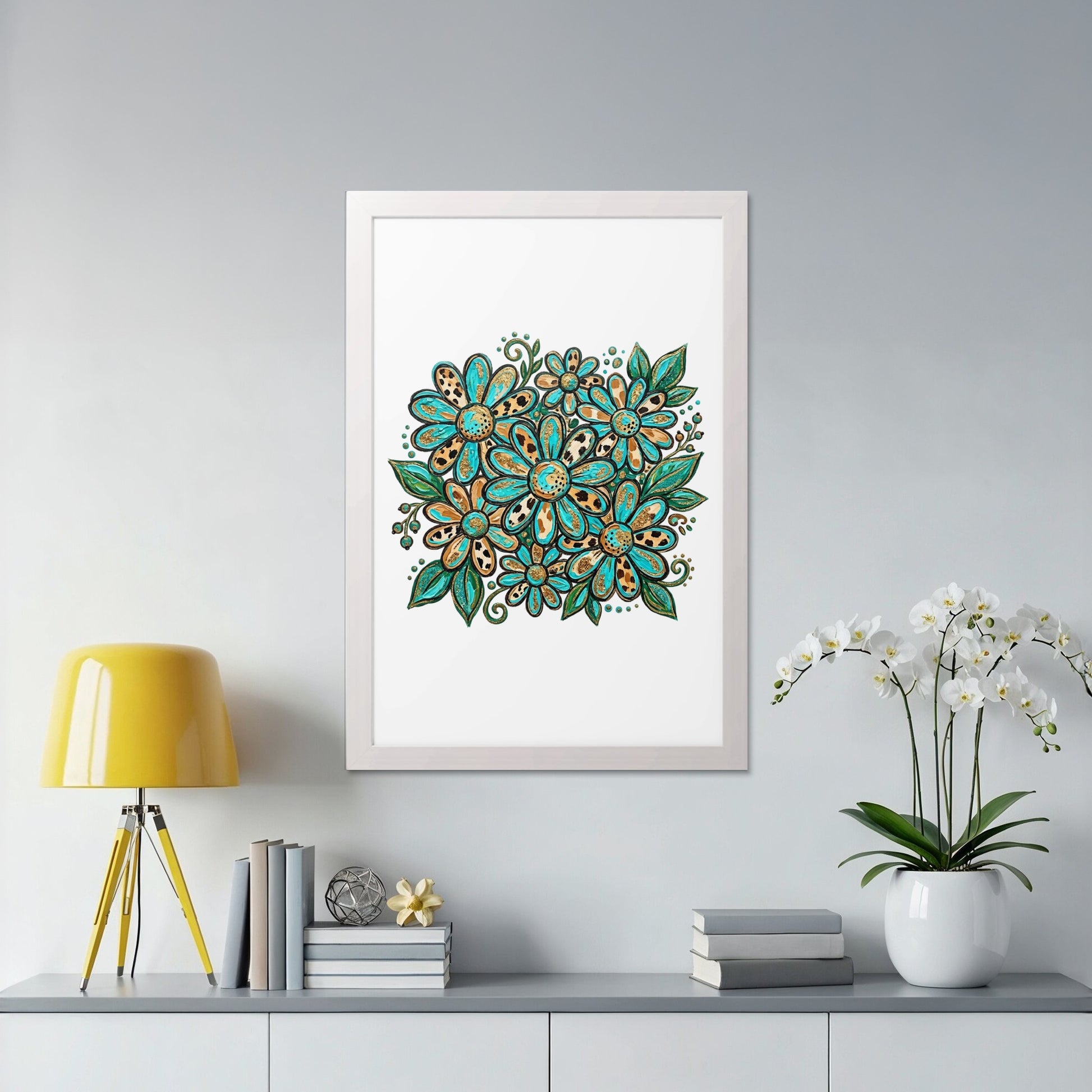 Framed floral illustration with teal and orange flowers on light gray wall.