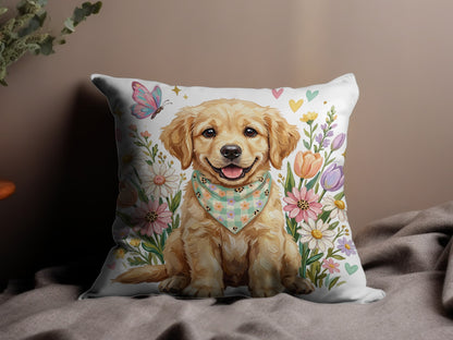 Golden Retriever puppy with bandana, surrounded by flowers and butterflies.