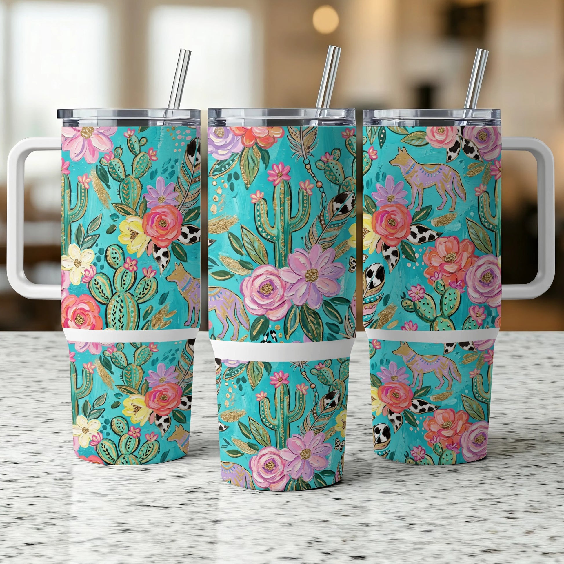 Turquoise tumbler with floral, cactus, and coyote desert design.