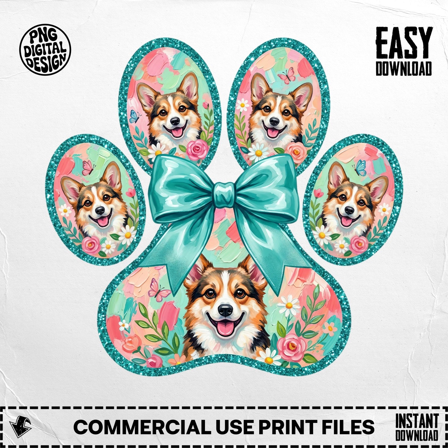 Corgi paw print with teal bow and floral accents.