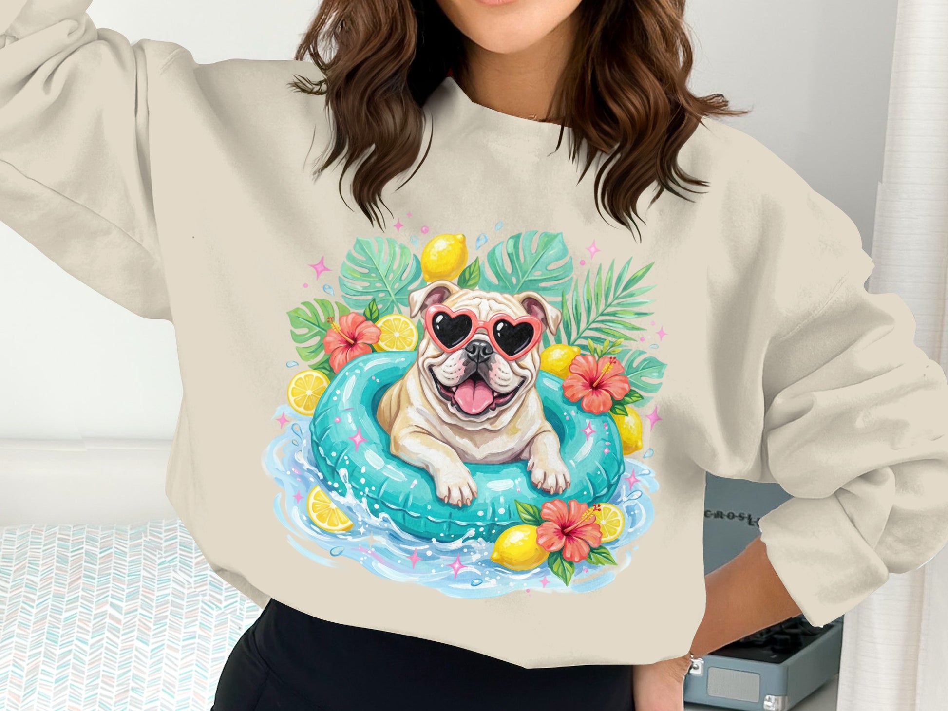 Bulldog in heart sunglasses floats in pool with lemons and tropical leaves.