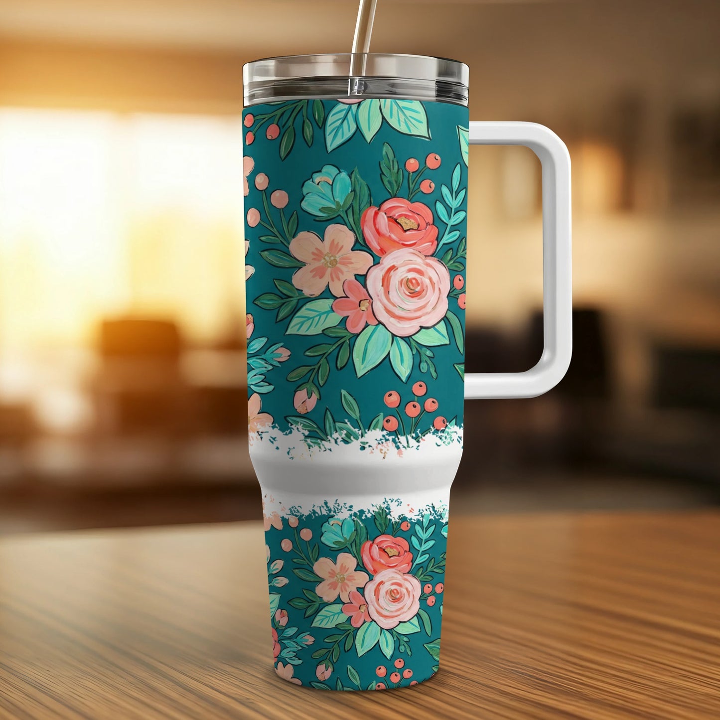 Teal tumbler with floral pattern and white handle on wooden table.
