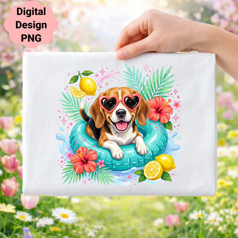 Beagle dog in heart-shaped sunglasses on a blue inflatable ring with lemons and hibiscus flowers.