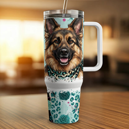German Shepherd dog portrait on a travel tumbler with blue leopard print accents.
