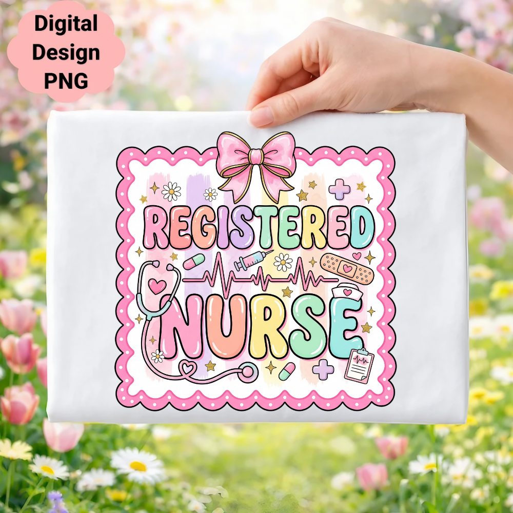 "Registered Nurse" text with medical icons on a pink wavy background.