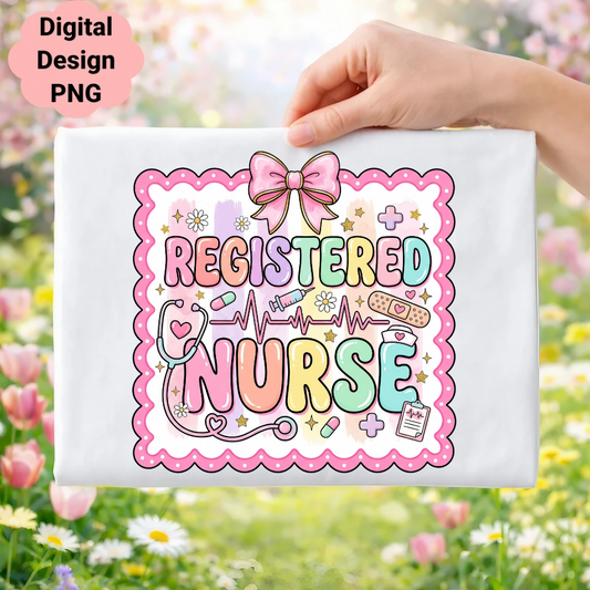 "Registered Nurse" text with medical icons on a pink wavy background.
