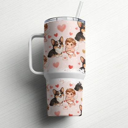 Pink tumbler with corgis and cherubs pattern, straw inserted.