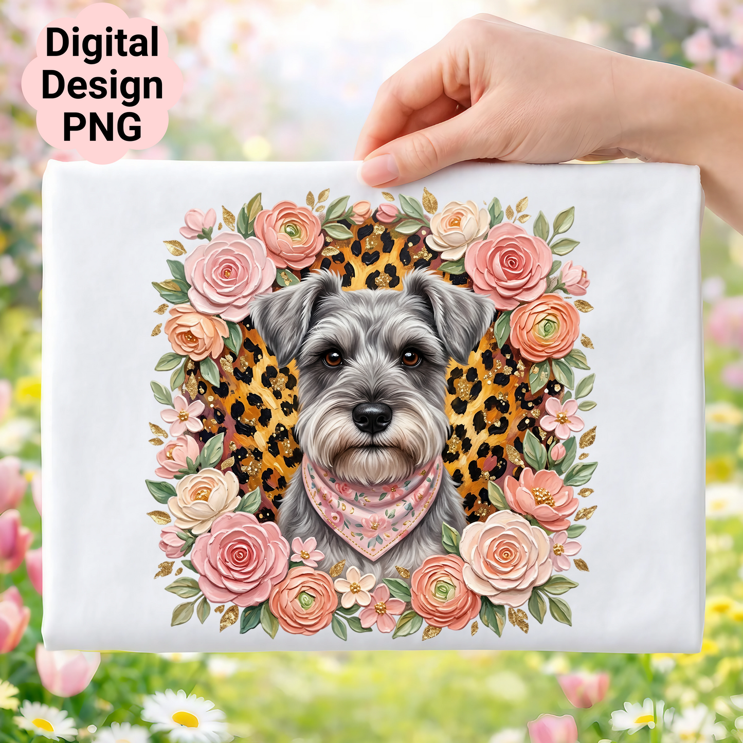 Schnauzer with floral and leopard print frame, "Digital Design PNG" text.