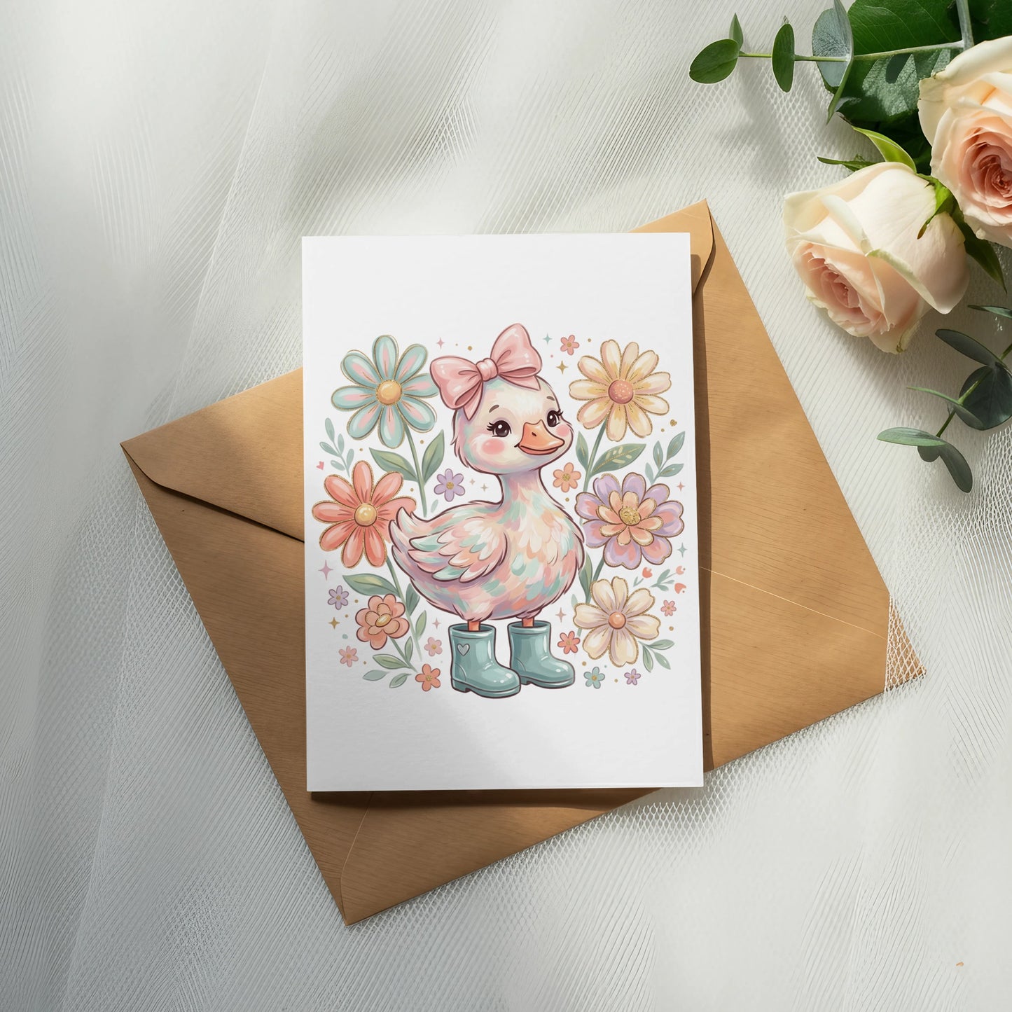 Illustration of a cute duck in boots surrounded by flowers on a card.