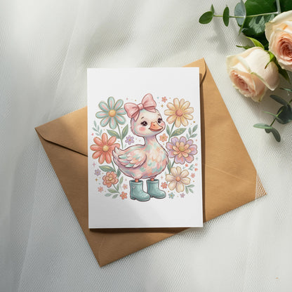 Illustration of a cute duck in boots surrounded by flowers on a card.