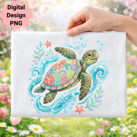 Colorful sea turtle with floral patterns and bubbles, holding a white fabric.