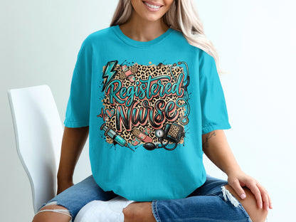 Turquoise t-shirt with "Registered Nurse" text and medical graphics.