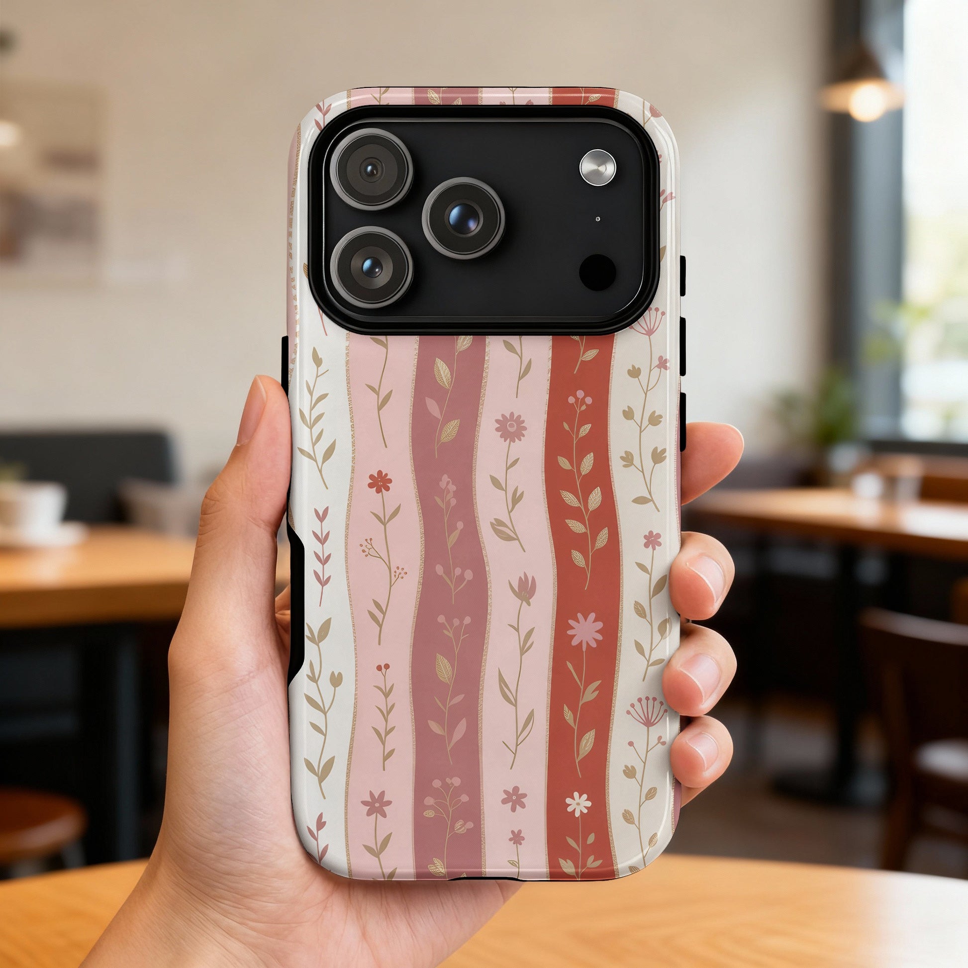 Woman's hand holding iPhone 14 Pro with floral wavy stripe pattern.