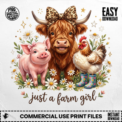 Highland cow, pig, and chicken with flowers and "just a farm girl" text.