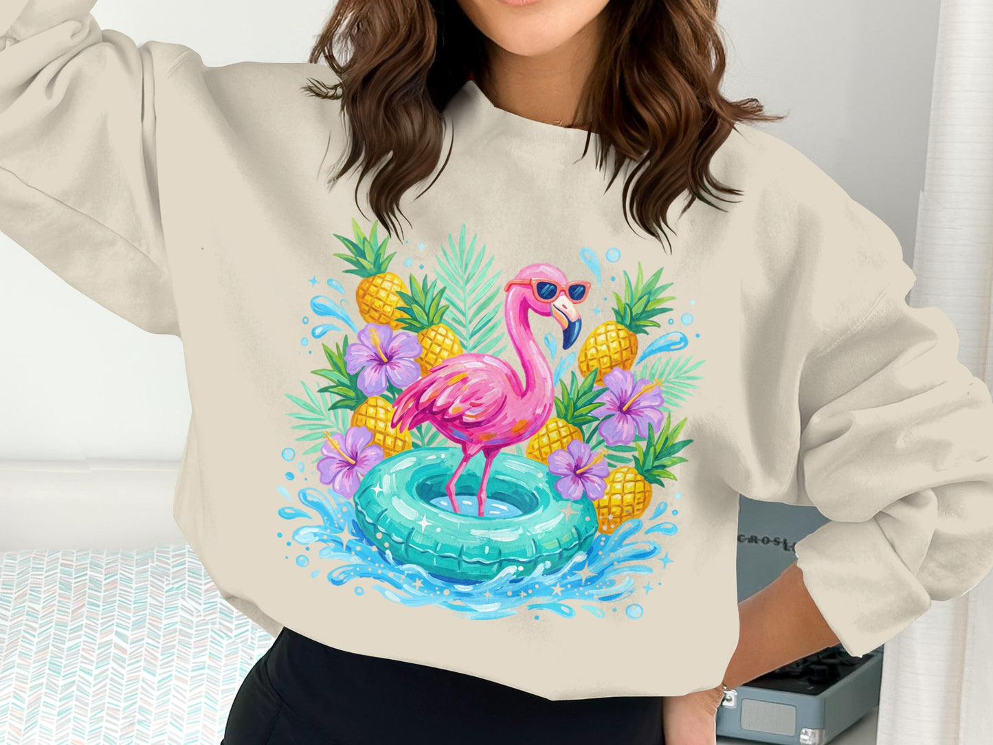 Pink flamingo wearing sunglasses on a float with pineapples and tropical leaves.