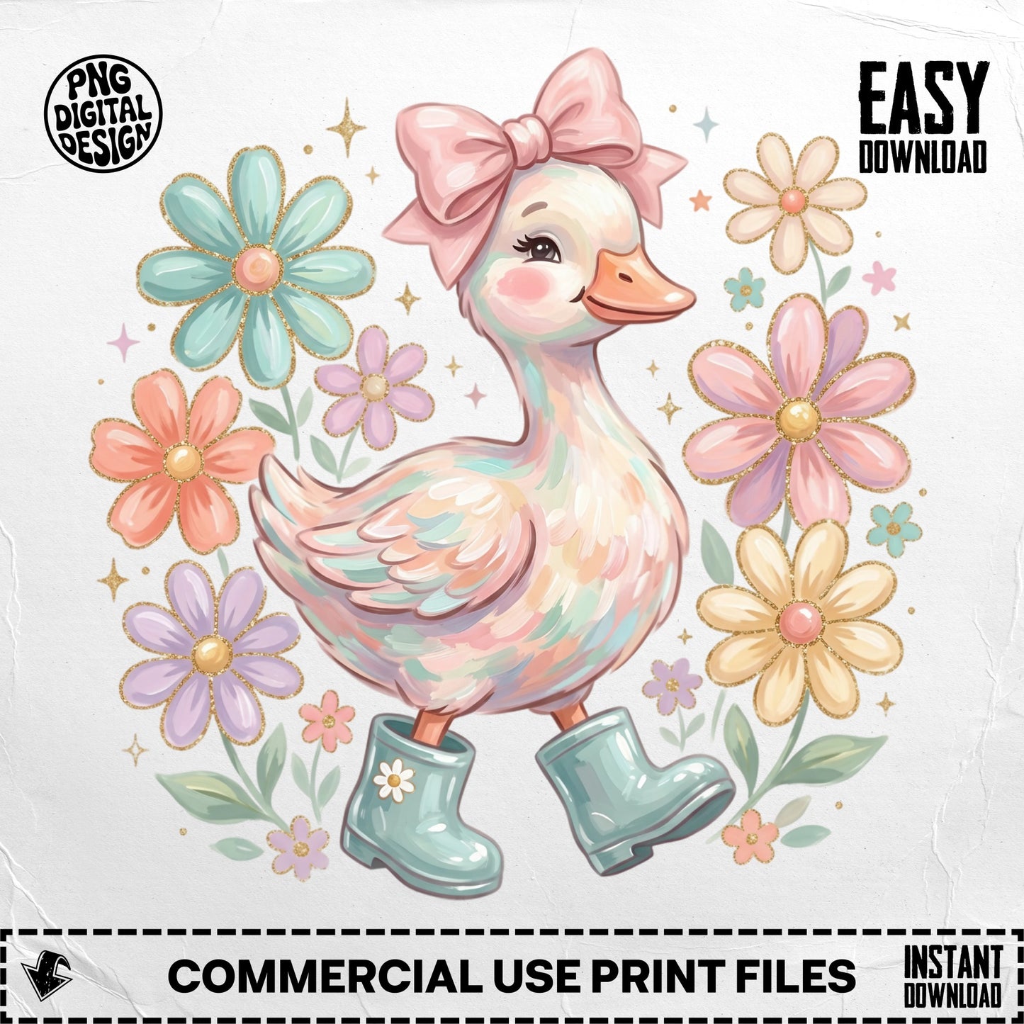 Cartoon duck in boots surrounded by flowers, with "EASY DOWNLOAD" text.