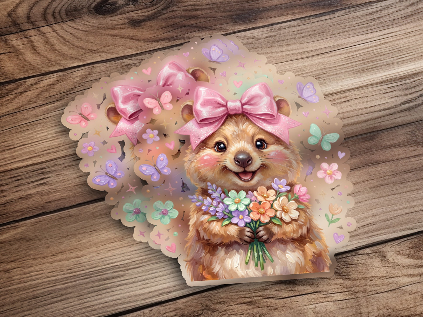Fuzzy cartoon animal with pink bows holding a bouquet of flowers.