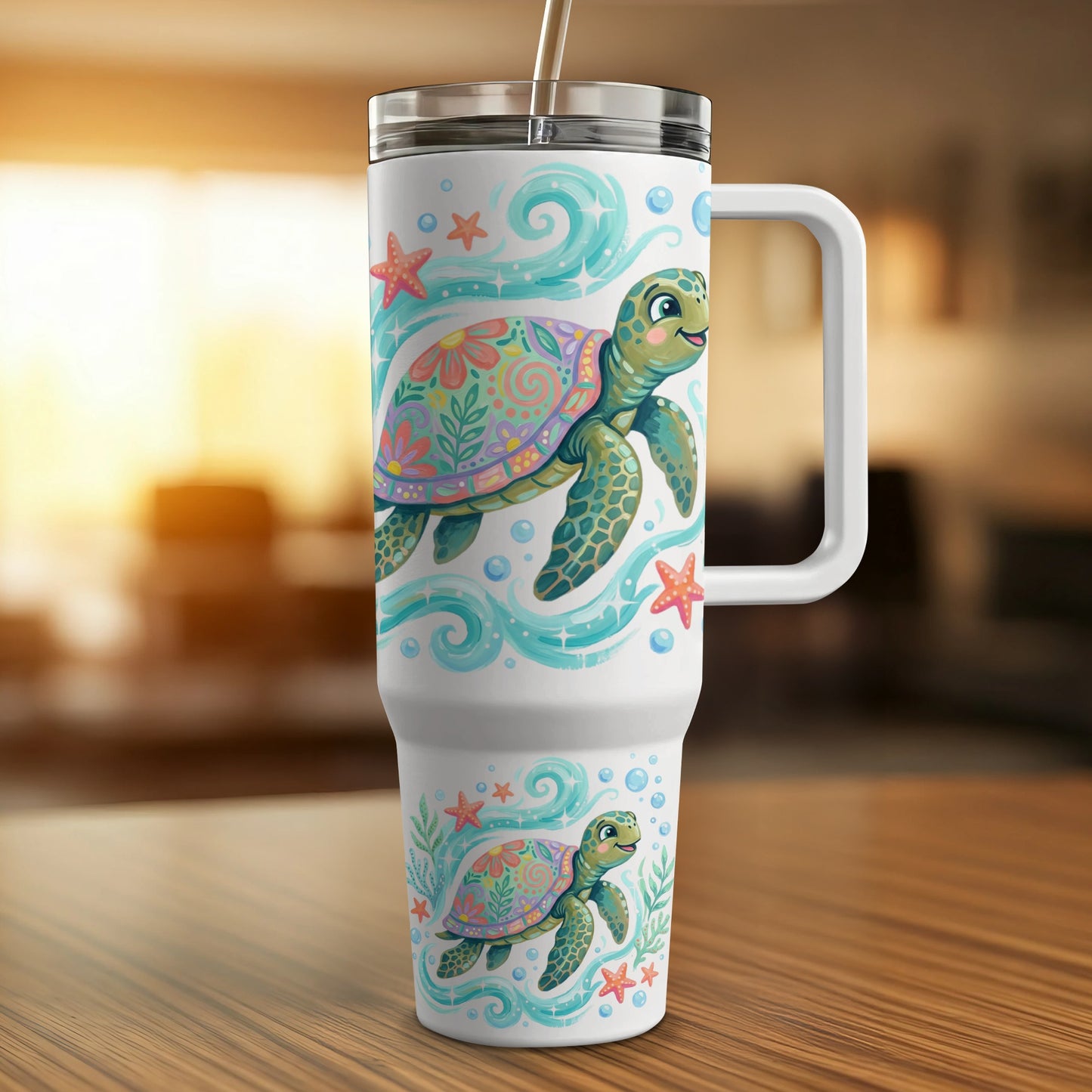 Turtle tumbler with decorative pattern, starfish, and waves.