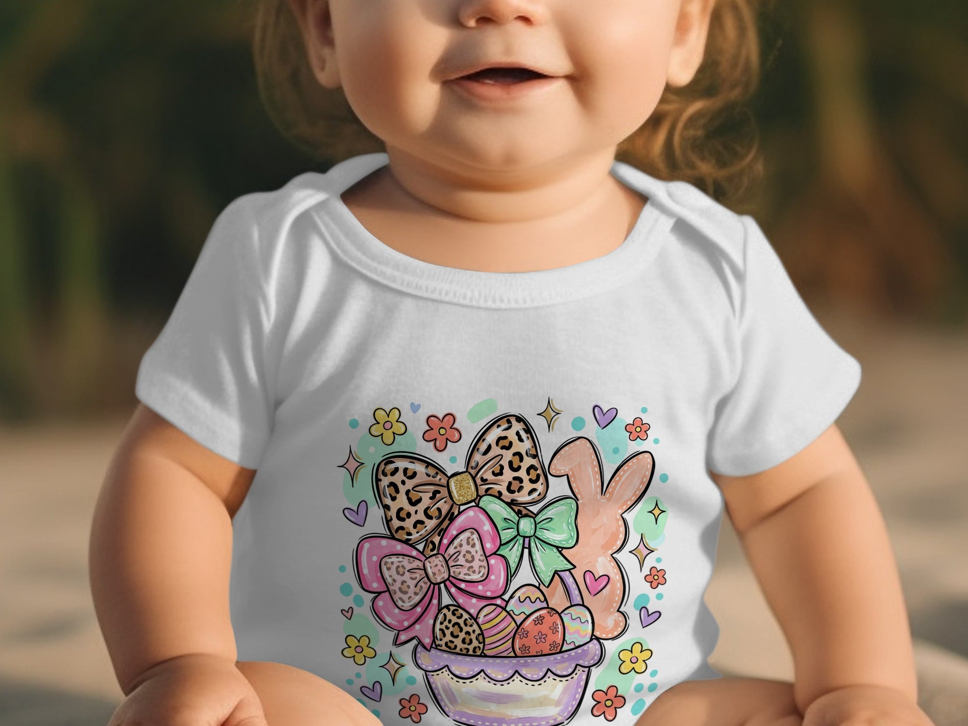 Baby in white onesie with Easter basket, bunny, and bows design.