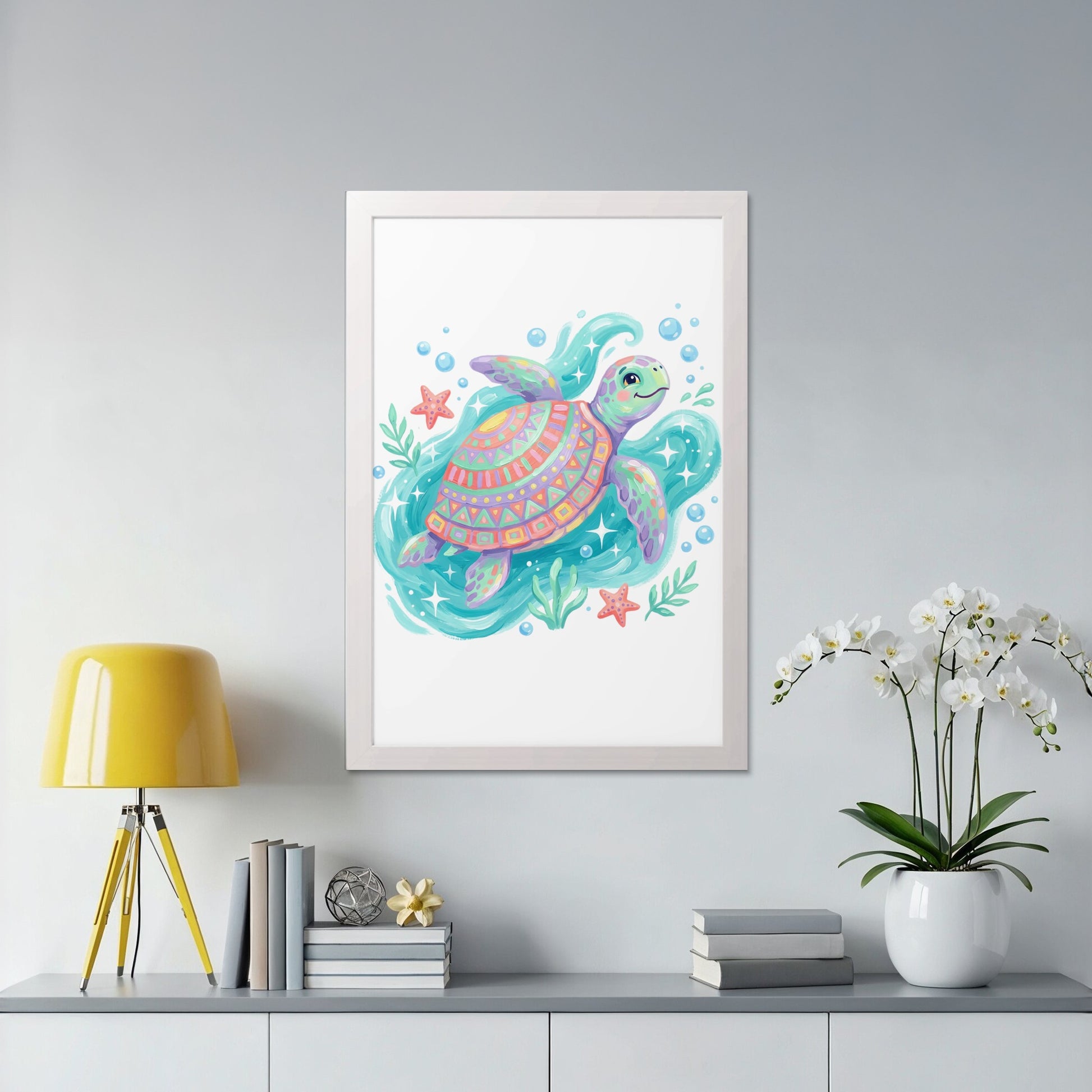 Whimsical sea turtle artwork in a white frame on a shelf with plants.