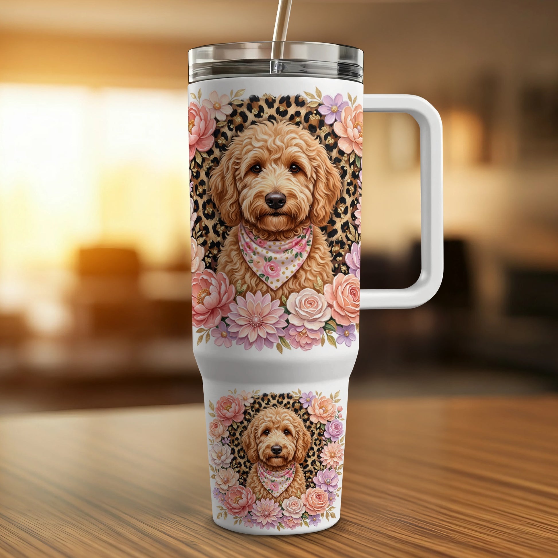 Goldendoodle dog on floral and leopard print tumbler with handle.