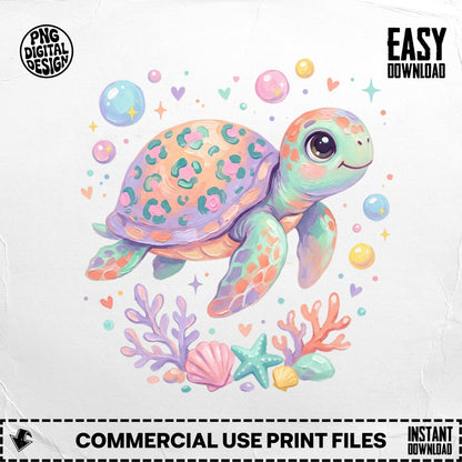 Cartoon sea turtle swimming with seashells, coral, and colorful bubbles.