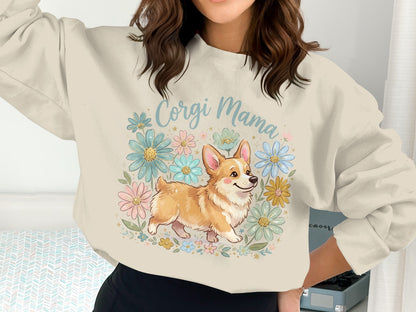 Cream sweatshirt with "Corgi Mama" text and a floral corgi illustration.