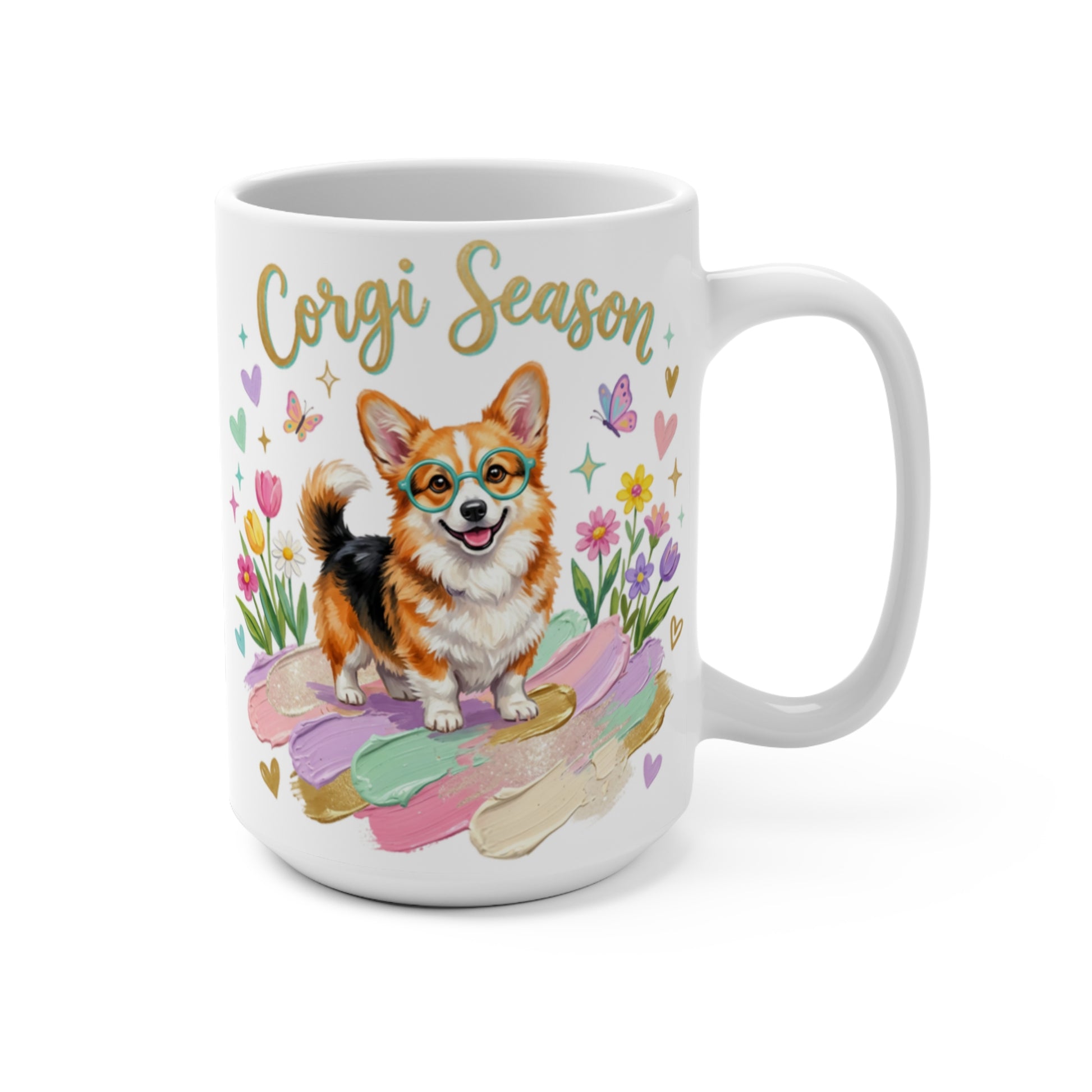 Cute corgi wearing glasses with "Corgi Season" text and colorful floral background.