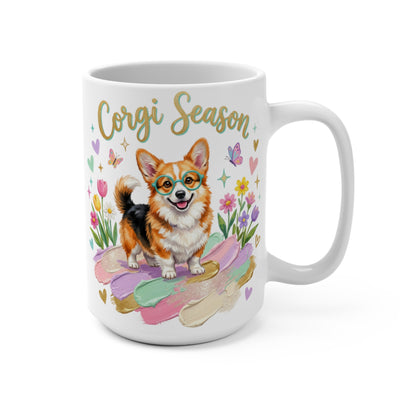 Cute corgi wearing glasses with "Corgi Season" text and colorful floral background.