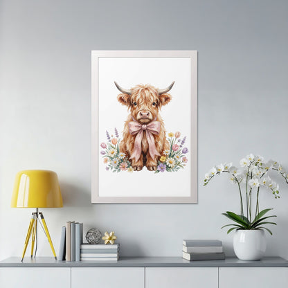 Watercolor painting of a fluffy Highland cow wearing a pink bow, surrounded by flowers.