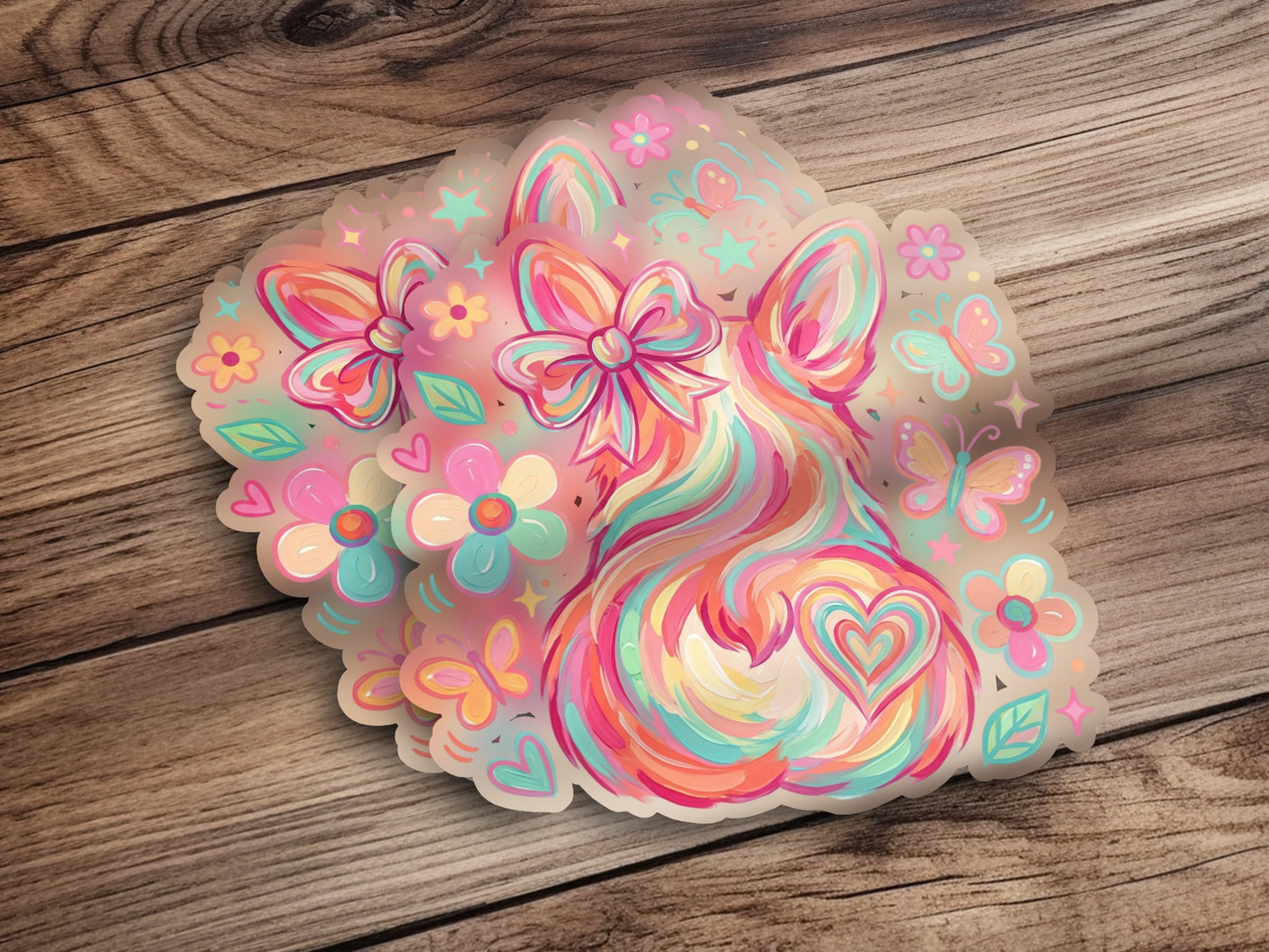 Colorful stylized dog with floral and butterfly accents on wood background.