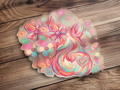 Colorful stylized dog with floral and butterfly accents on wood background.
