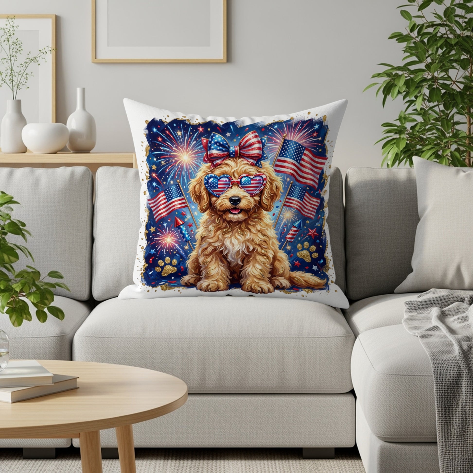 Golden doodle puppy wearing sunglasses and a bow tie, sitting on a couch.