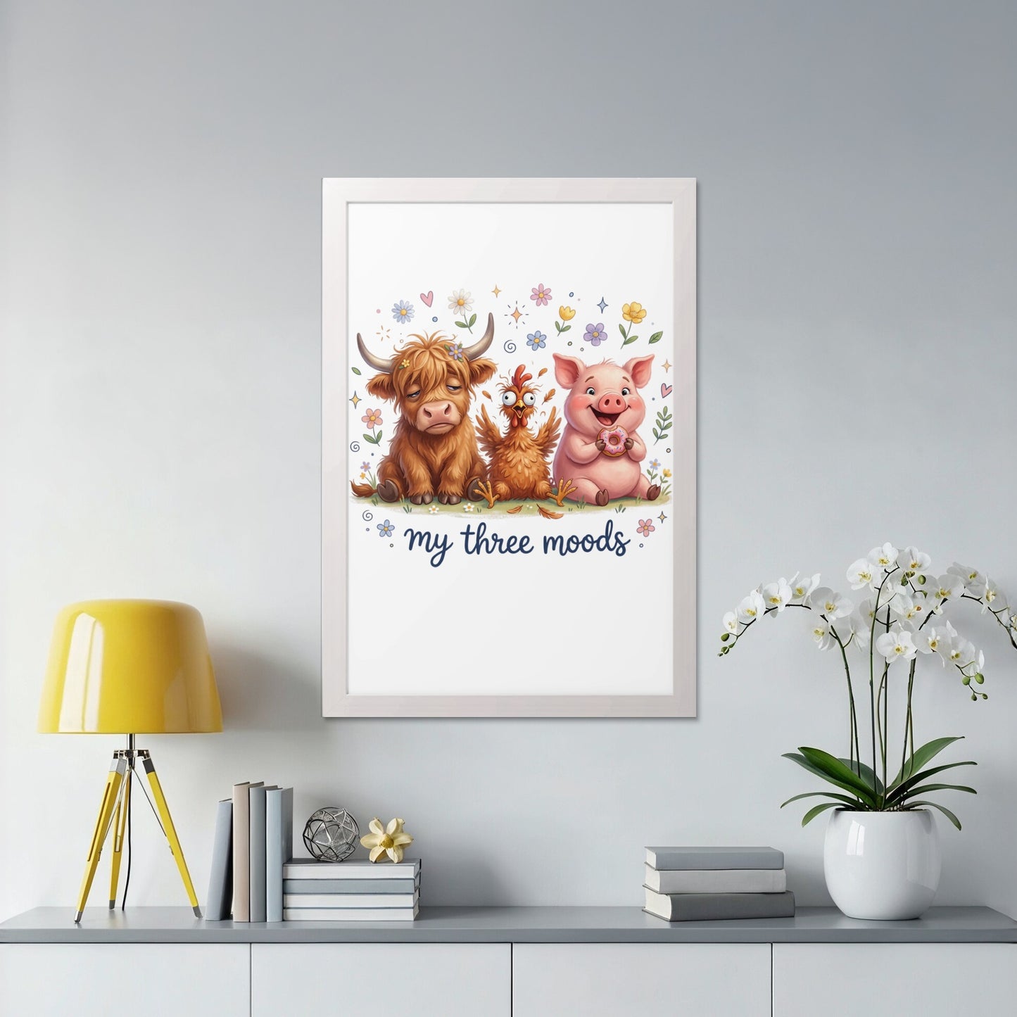 Three farm animals, cow, chicken, and pig, with "my three moods" text.