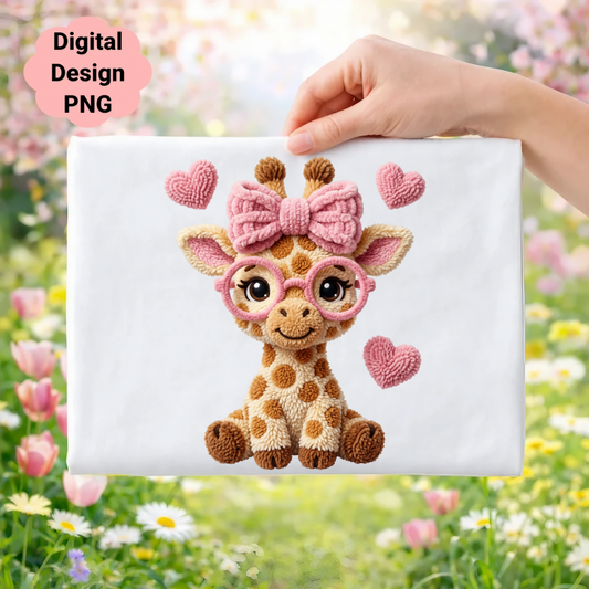 Crocheted giraffe with pink bow and glasses, surrounded by hearts.