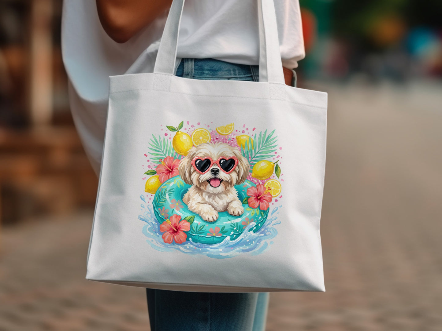 White tote bag with a cartoon dog wearing heart-shaped sunglasses in a float.